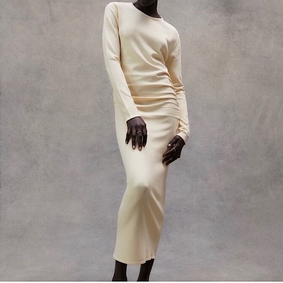 Zara Long-Sleeve Draped Knit Bodycon Midi Knee Length Dress, Cream, Size S - Picture 4 of 14